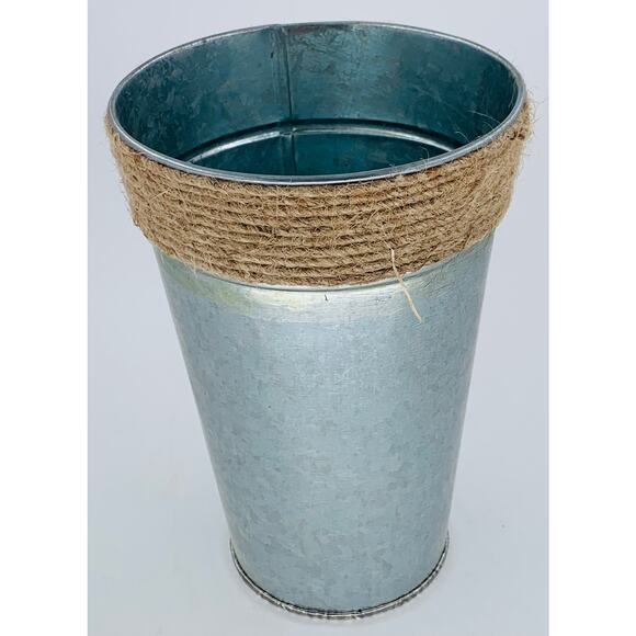 Metal Vase For Flowers Brown Rope Tapered 7.5 Inches Tall Silver Galvanized - Picture 6 of 6